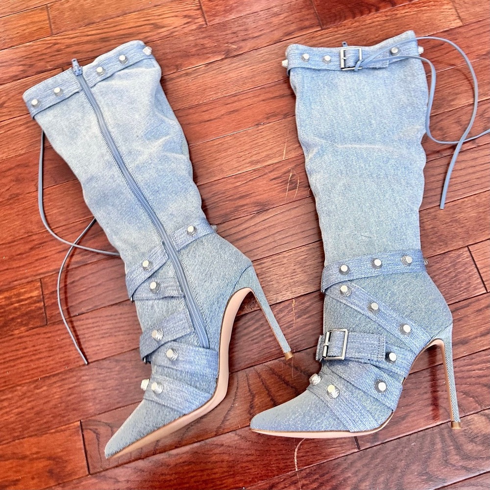 NEW Steve Madden Fink Light Denim Studded Y2K Below the Knee Heeled Boots 6.5 - Picture 8 of 11